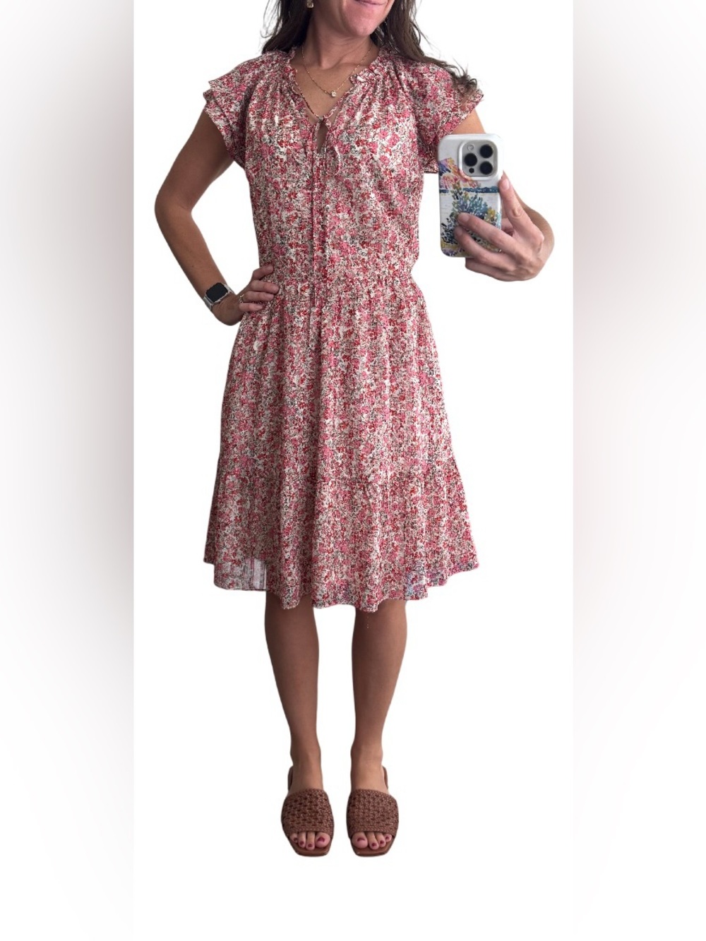Caslon XS Red Pink and White Floral Dress Ruffle Sleeve